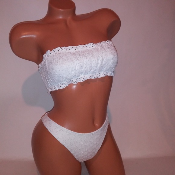 Victoria Secret PINK Swim Bikini XS Top & Bottom White Thong Eyelet Bandeau New - Picture 1 of 10
